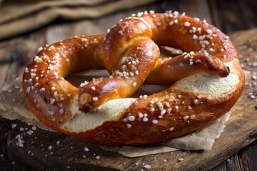 Artisanal Bavarian Pretzel: Warm, Soft, and Salty Snack on Rustic Table - Ideal for Festive Celebrations