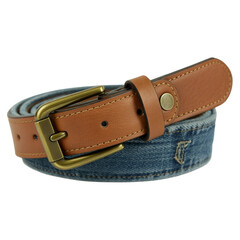 Stylish brown leather and denim belt with antique brass buckle offers rugged elegance and modern flair for any casual or semi-formal outfit, perfect for everyday wear.