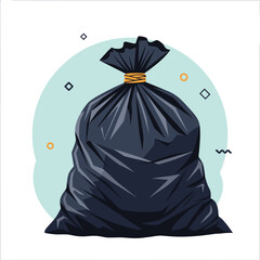 A large black garbage bag filled with trash tied at the top with yellow string.