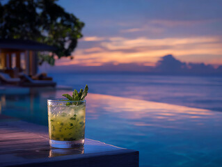 Refreshing cocktail in serene sunset by the pool.