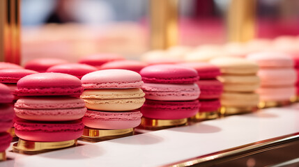 P&acirc;tisserie fran&ccedil;aise, macarons de couleur rose. Nourriture luxueuse, macarons go&ucirc;ts fraise, framboise, vanille. Nourriture pour conception et cr&eacute;ation graphique. 