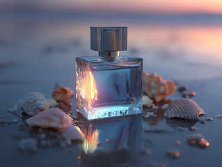 Elegant perfume bottle surrounded by seashells and soft light.