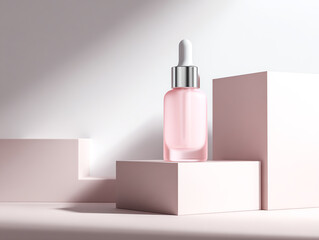 Stylish pink serum bottle on geometric podium, minimalistic design.