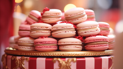 P&acirc;tisserie fran&ccedil;aise, macarons de couleur rose. Nourriture luxueuse, macarons go&ucirc;ts fraise, framboise, vanille. Nourriture pour conception et cr&eacute;ation graphique. 