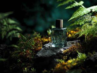 Fragrant perfume bottle surrounded by lush green ferns.