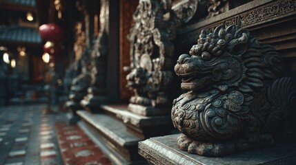 Fototapeta premium Ornate Chinese lion sculpture guarding an ancient temple entrance