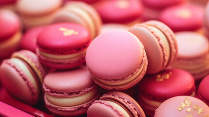P&acirc;tisserie fran&ccedil;aise, macarons de couleur rose. Nourriture luxueuse, macarons go&ucirc;ts fraise, framboise, vanille. Nourriture pour conception et cr&eacute;ation graphique. 