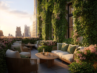 A serene outdoor terrace adorned with lush greenery and flowers.