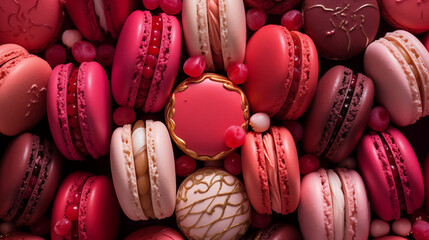 P&acirc;tisserie fran&ccedil;aise, macarons de couleur rose. Nourriture luxueuse, macarons go&ucirc;ts fraise, framboise, vanille. Nourriture pour conception et cr&eacute;ation graphique. 
