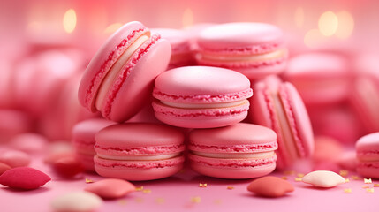 P&acirc;tisserie fran&ccedil;aise, macarons de couleur rose. Nourriture luxueuse, macarons go&ucirc;ts fraise, framboise, vanille. Nourriture pour conception et cr&eacute;ation graphique. 