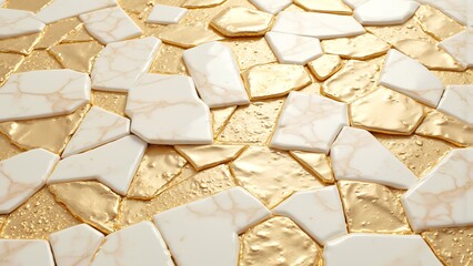 A luxurious mosaic surface featuring white marble and gold elements, creating an elegant and modern design aesthetic.