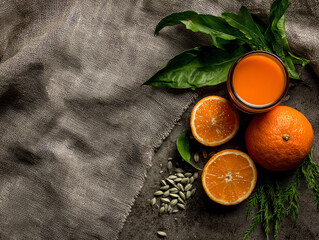 Fresh oranges and juice with green leaves on a textured surface.