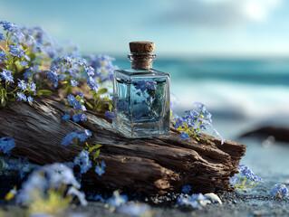A vintage glass bottle on a log surrounded by delicate flowers.
