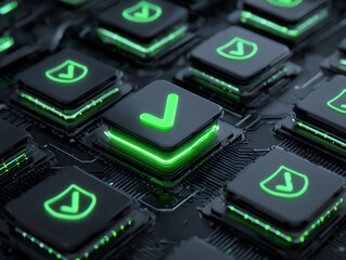 Futuristic keyboard with glowing green checkmark on black keys.