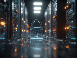 Digital lock in a futuristic server room with glowing elements.