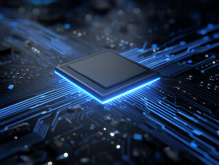 Close-up view of a computer chip on a circuit board.