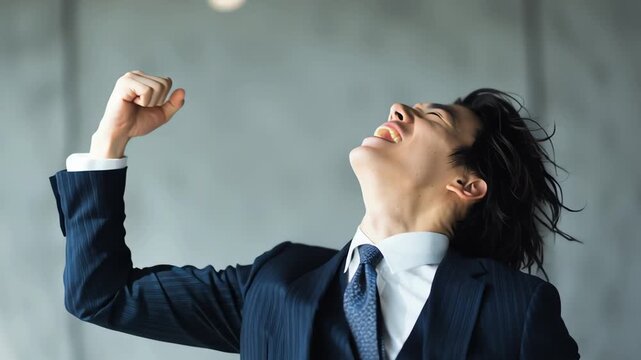 Japanese successful businessman celebrating achievement with fist pump and yelling