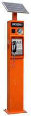 Emergency phone station with solar panel in an outdoor setting, providing communication access