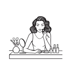 Black and white line art of a beautiful woman doing makeup at dressing table with mirror illustration

