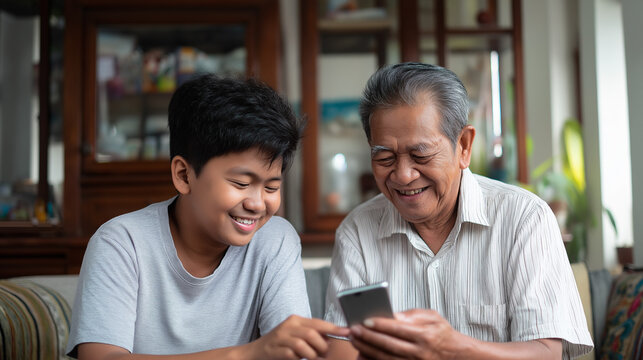 Grandfather using smartphone for telehealth with grandson.