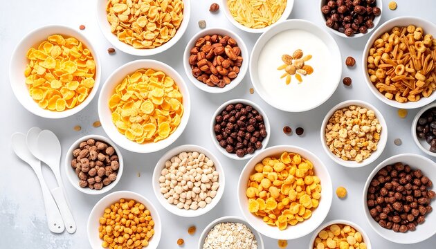 Assorted breakfast cereals in white bowls