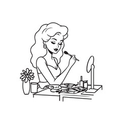 Black and white line art of a beautiful woman doing makeup at dressing table with mirror illustration
