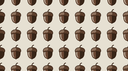 A repeating pattern of brown acorns with textured caps on a light tan colored background illustration