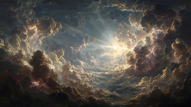 A surreal composition of radiant light piercing the clouds, fallen angels with faces full of despair kneeling beneath the storm, ethereal shadows and crimson lightning surrounding them,