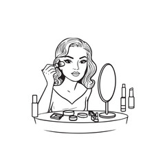 Black and white line art of a beautiful woman doing makeup at dressing table with mirror illustration
