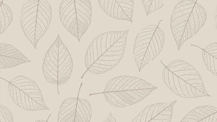 A repeating pattern of leaf outlines on a light beige background with visible leaf vein details