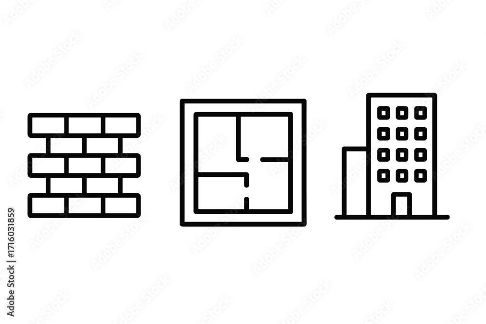 Poster construction and architecture icon set with brick wall, floor plan, and building. simple vector line