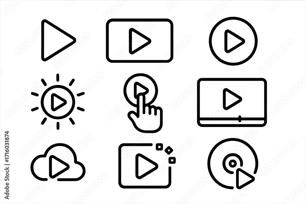 Poster play button vector icon set. outline media player sign collection for web and graphic design. start,