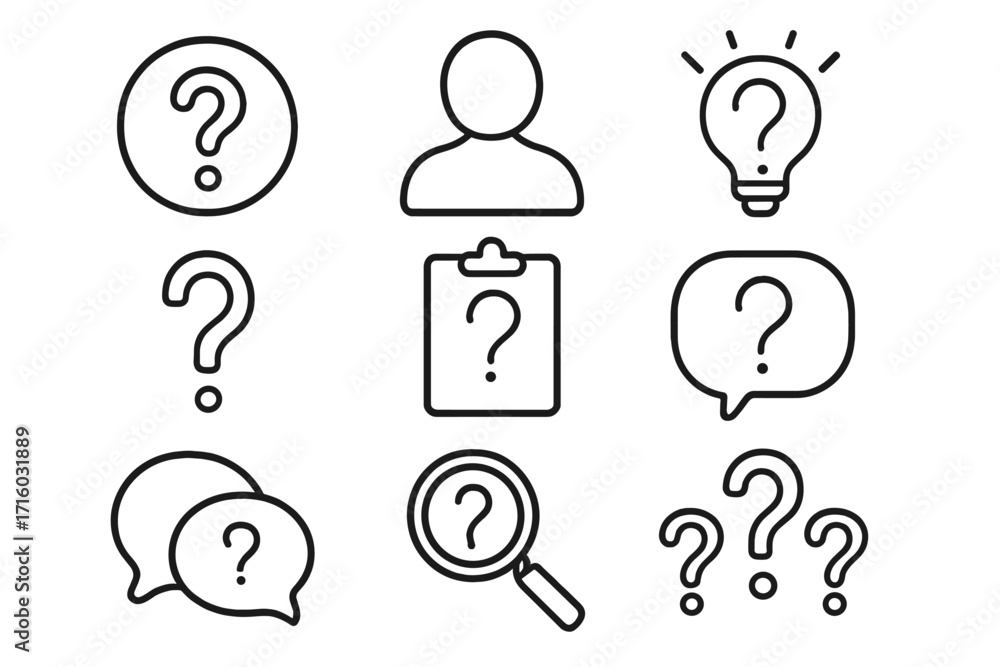 Poster question mark line icon set. faq help and support symbols. vector outline pictogram collection for w