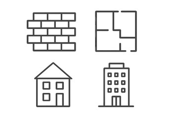 Building & construction line icon set. Architecture symbols for real estate. Includes brick wall, floor plan, residential house, and office block vector outline graphic signs.