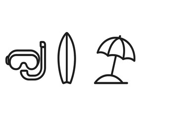 Beach summer vacation icon set with diving mask, surfboard, umbrella. Line art vector symbols for water sports, travel, sea, ocean, surfing, snorkeling. Outline illustration.