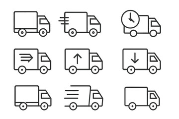 Delivery truck and van line icon set. Shipping, logistics and fast cargo transportation concept. Editable stroke vector for graphics, apps, web design and adverts.