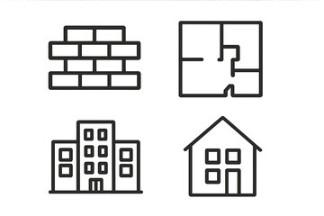 Building and construction line icon set. Simple outline vector signs for web and graphic design. Includes brick wall, floor plan, office building and house symbols.