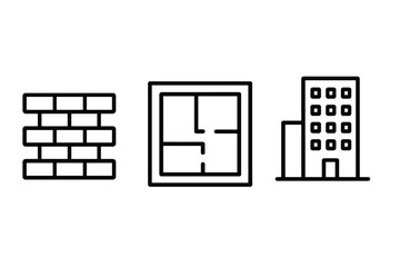 Construction and architecture icon set with brick wall, floor plan, and building. Simple vector line icons for real estate, engineering, and web design projects.