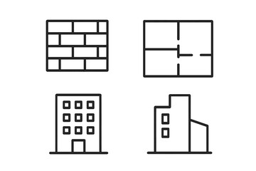 Building line icon set. Construction thin line symbols. Architecture outline icons. Vector brick wall, floor plan, office pictogram. Real estate graphic elements for web.