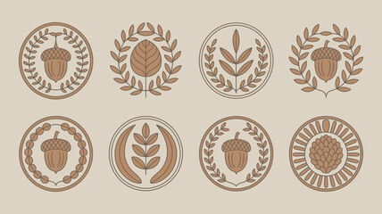 A collection of circular emblems featuring acorns leaves and floral designs in a vintage style aesthetic