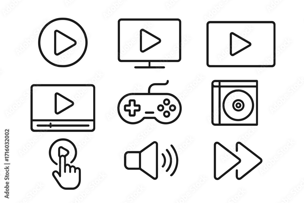 Poster play sign and media player line icon set. vector outline symbols for web and app design. video game 