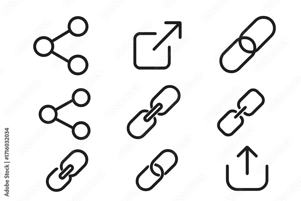 Poster share, link, and upload icon set. outline vector symbols for web design, apps, and ui. hyperlink, co