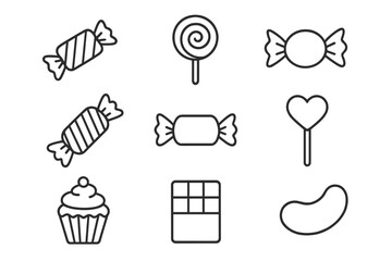 Candy and sweets outline icon set. Collection of simple line art symbols for dessert, sugar, and treats. Includes lollipop, chocolate, cupcake, and jelly bean vectors.