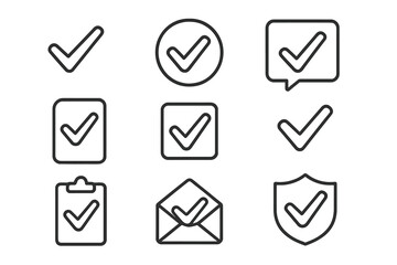 Checkmark outline icon collection. Tick symbol for success, approval, and completion. Verified and approved concepts. Quality check, security shield, and done task icons.