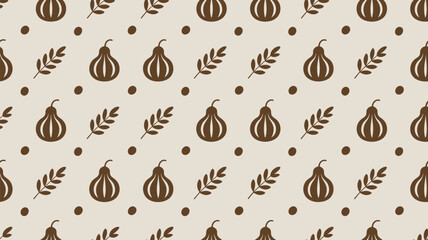 A seamless pattern featuring brown gourds leaves and dots on a light beige background repeated design