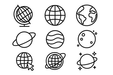 Fototapeta premium Globe and planet icon set. Earth, world, and space line icons for web and graphic design. Vector collection of outline symbols like moon, saturn, orbit, and global network.