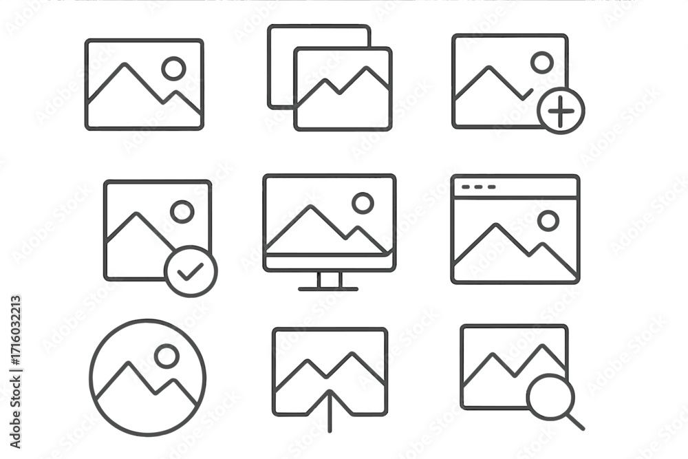 Aufkleber picture icon set. image and photo line icons for web and graphic design. ui ux interface elements. a