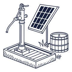Fototapeta premium Hand pump powered by solar energy with a wooden barrel for water collection in a grassy area