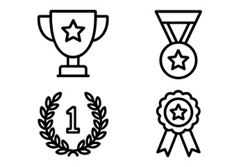 Award and trophy outline icon set for competition winner. Vector collection of first place prize, medal, laurel wreath and ribbon symbols for success and victory.