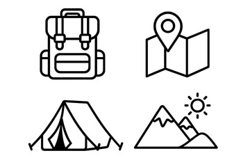 Camping and travel line icon set. Backpack, map pin, tent, and mountain icons for adventure and hiking concepts. Simple outline vector illustration for outdoor vacation.